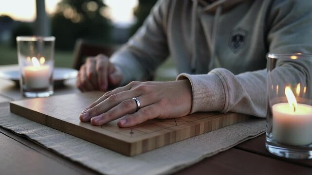 Pulling camera back, revealing right hand resting on board at dusk with sleeve, candle, silver ring