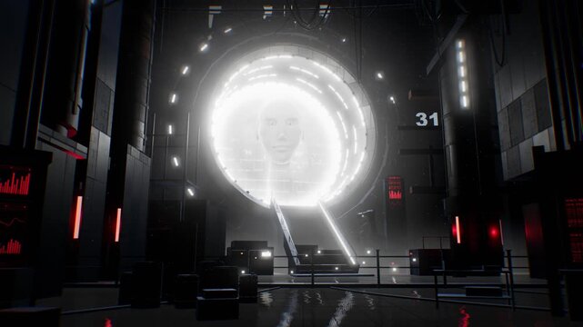 Bright white digital entity hologram displays inside a circular portal flanked by red alert monitors in a dark 3D facility