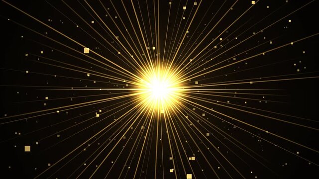 Golden Particle Explosion Background Featuring Bright Shimmering Light Beams and Floating Square Pixe