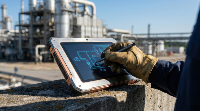 Industrial worker uses rugged tablet for metaverse business models at refinery site
