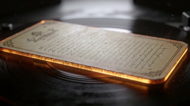 Spinning vinyl record creating radial blur on ornate card in studio, highlighting gold bevel