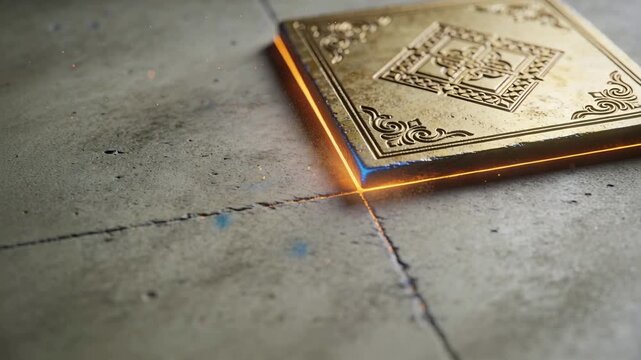 Intensifying orange-blue rim glow pushing ornate gold tile settling into cracked slab, copy space