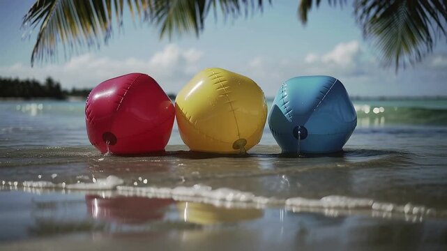 Incoming wave nudging three inflated beach balls on shore, lifting blue ball and showing valve caps