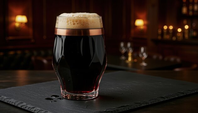 Dark Ale Delight: A rich, dark ale with a creamy head sits invitingly in a stylish glass on a slate coaster, set against the warm, moody backdrop of a dimly lit pub.