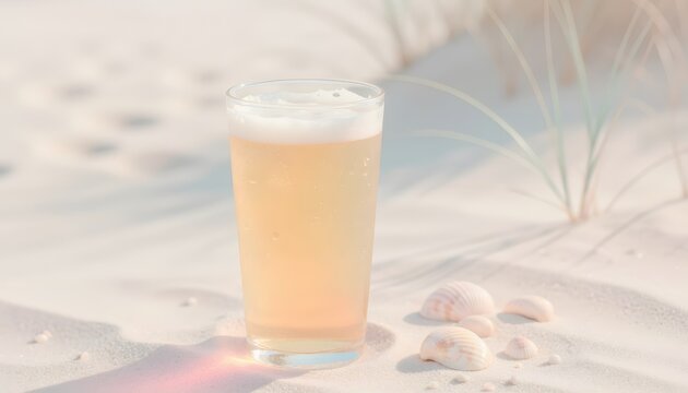 Refreshing Brew by the Sea: A tall glass of golden lager, topped with frothy white foam, sits invitingly on the sun-drenched sand, adorned with delicate seashells and softly blowing dune grass.