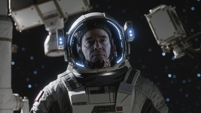 Pulling camera back revealing astronaut in EVA suit checking modules for connectors, helmet lights