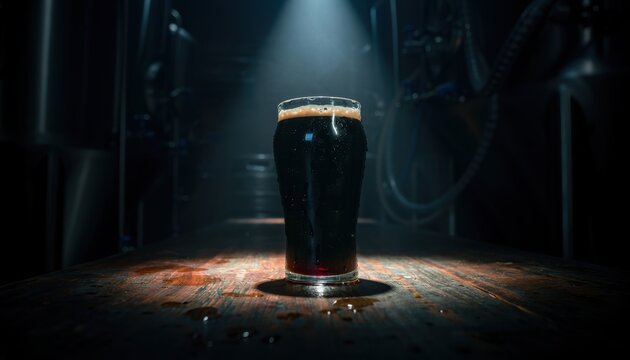 A Glass of Stout in the Brewery: A dark, rich stout rests in a glass, dramatically lit by a spotlight in a dimly lit brewery, hinting at the craftsmanship and robust flavor.