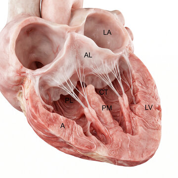 Anatomical 3D cross-section illustration of the human heart showing mitral valve apparatus and left ventricle structures.