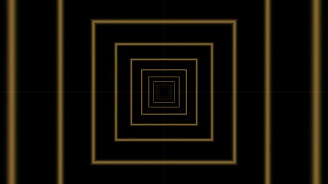 Gold neon square frames advance into a tunnel in a cool video