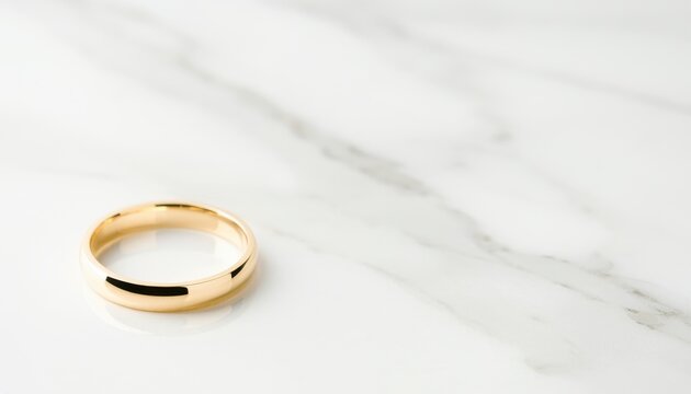 Golden Wedding Band on Marble: A simple, elegant gold wedding band rests on a smooth, veined marble surface, symbolizing commitment and everlasting love.