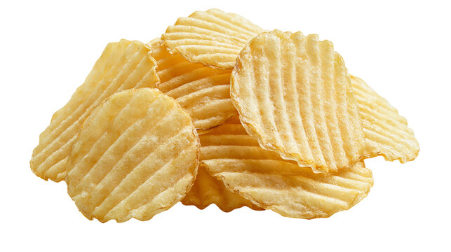 Golden crispy ridged potato chips piled in a heap