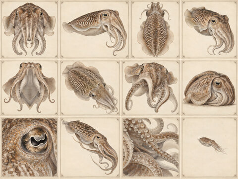 Vintage cuttlefish specimen collection in antique natural history engraving style, twelve anatomical views on warm ivory archival paper for museum, editorial, educational and scientific design