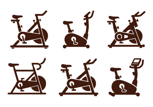 Set of six stationary bicycle icons in flat design during bright studio lighting for fitness concepts Isolated on white background
