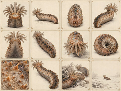 Antique sea cucumber specimen collection with twelve archival scientific views, detailed engraving, natural history illustration, museum plate, vintage zoology artwork and fine texture