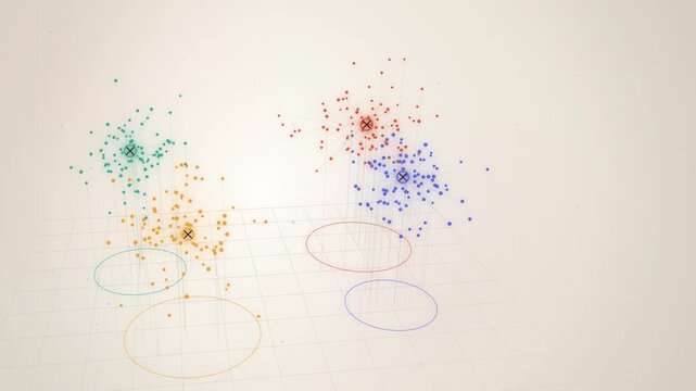 Colored data point clusters with centroids on beige 3D scatter plot
