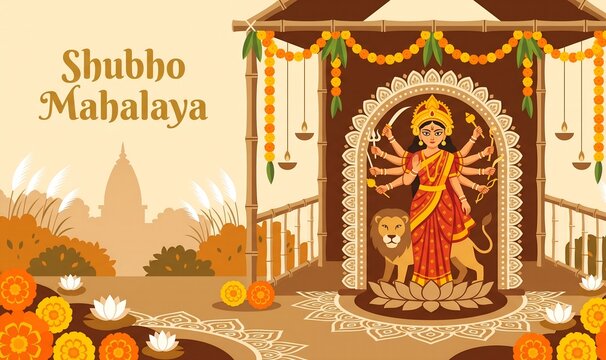Shubho Mahalaya Autumn Landscape Durga Puja Pandal Banner