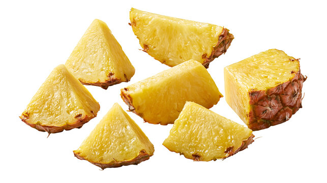Fresh juicy pineapple chunks and triangular slices arranged together