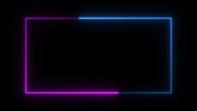Square rectangle picture frame with two tone neon color motion graphic on isolated black background. Blue and pink light moveing for overlay element.
