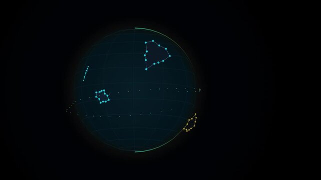 Abstract digital wireframe globe rotating with neon constellation map