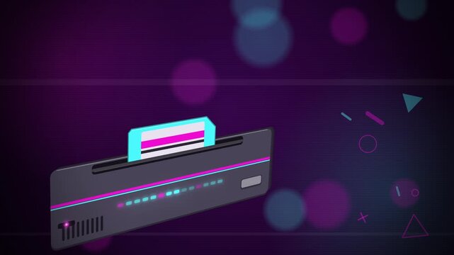 Retro cyan floppy disk and drive powering up close-up on dark purple