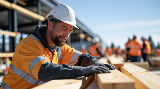 A set construction crew smells freshly cut timber to check for moisture damage before a hospital build phase begins, a team huddle visible in the background before the morning