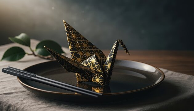 Origami Crane on Plate: An exquisite black and gold origami crane rests on a dark plate, accompanied by chopsticks, symbolizing peace and good fortune.