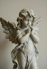 Fototapeta premium Spirituality and peace marble angel statue with praying hands for religious devotion funeral memorial and hope in a quiet indoor home setting