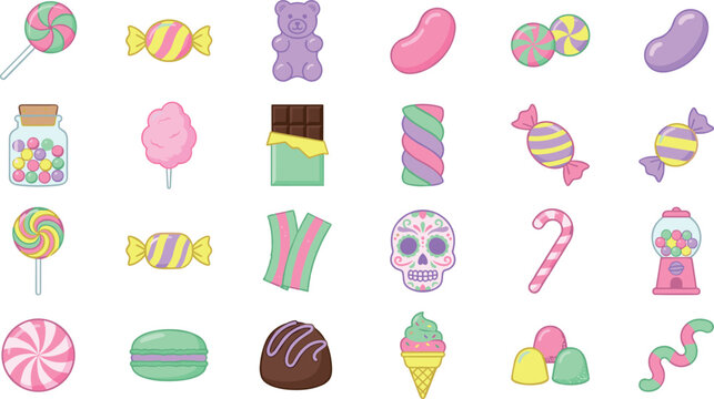 Sweet Candy and Pastel Confectionery Treat Icon Set with Lollipop Gummy Bear Chocolate Bar Cotton Candy and Jelly Bean for Party Designs