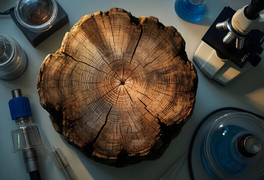 Dendrochronology and climate research, tree ring analysis with microscope and laboratory equipment for environmental science and forestry study