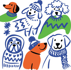 Obraz premium Winter dog hand drawn vector illustrations doodles vector illustration set with colorful sweaters and hats for seasonal.