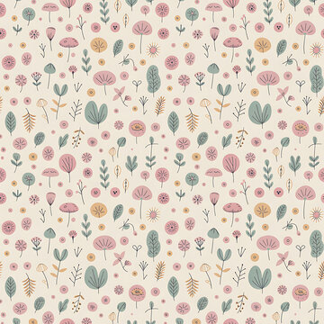 A delicate floral ornament features stylized wildflowers and leaves on a pale pink background botanical blossom bouquet calico