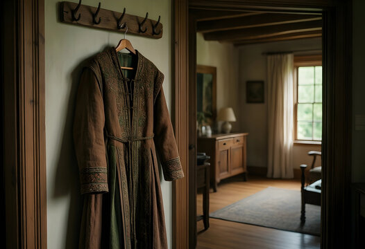 Heritage and tradition concept, traditional ethnic robe hanging on a wooden wall hook in a rustic home interior with warm natural light and vintage decor