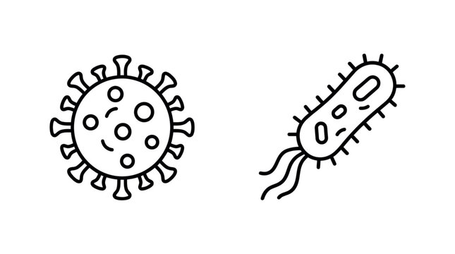 Virus and bacteria line drawings depict microscopic organisms on a white background