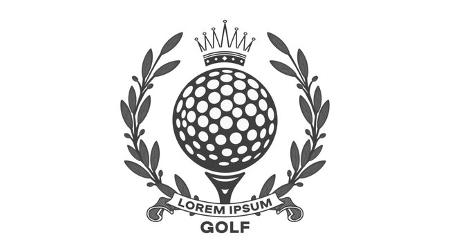 Black and white vector logo. Golf ball, ribbon, crown and wreath. Game. Label. Isolated background
