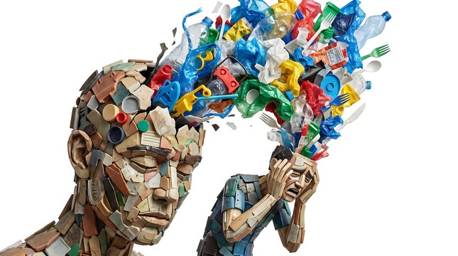 Human heads made of recycled materials with plastic waste exploding from one and overwhelming another, isolated on white background