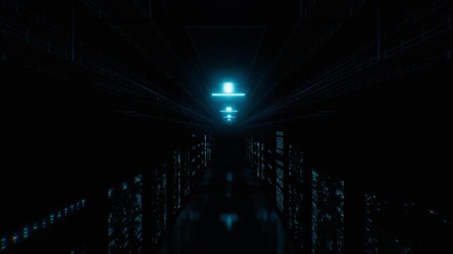 Server room corridor with flashing blue indicator lights on mainframe racks and ceiling lamps in a futuristic 3D animation