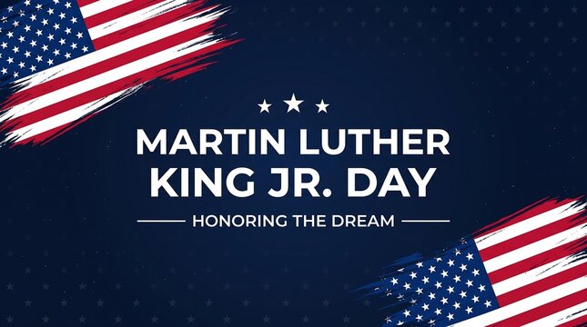 Martin Luther King Jr. Day background featuring brushed American flag corners and commemorative typography on dark blue.