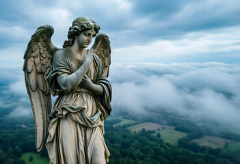 Fototapeta premium Spirituality and afterlife concept, stone angel statue overlooking a landscape of clouds and forest at dawn for religious and peaceful themes