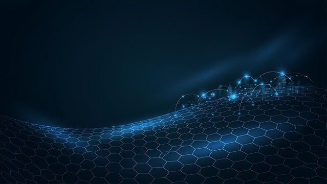 Abstract digital landscape with glowing blue hexagonal grid and interconnected nodes representing data networks and futuristic technology concepts