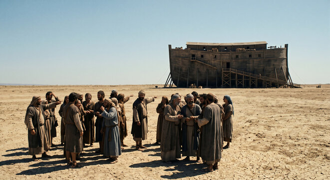 Mockers jeering at Noah outside the ark before the rain begins, Genesis Old Testament biblical scene, Noah's Ark flood story, religious illustration