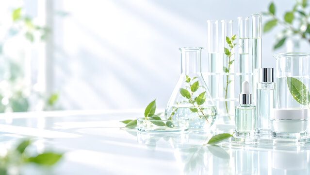 植物成分と研究器具をイメージしたボタニカルスキンケアの美容研究背景