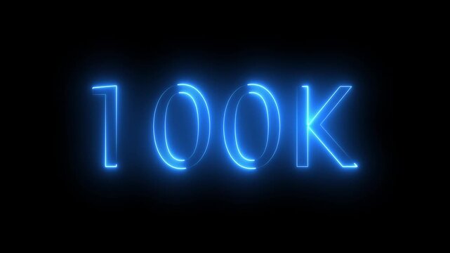Glowing red neon 100K light text animation. Shining neon number motion graphic for 100K followers and subscribers celebration. Social media milestone achievement, Motion graphics of 100K concept.