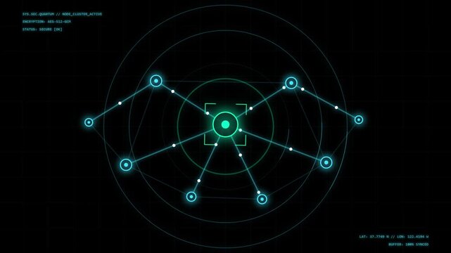 Abstract cybersecurity network animation with quantum data flow loop