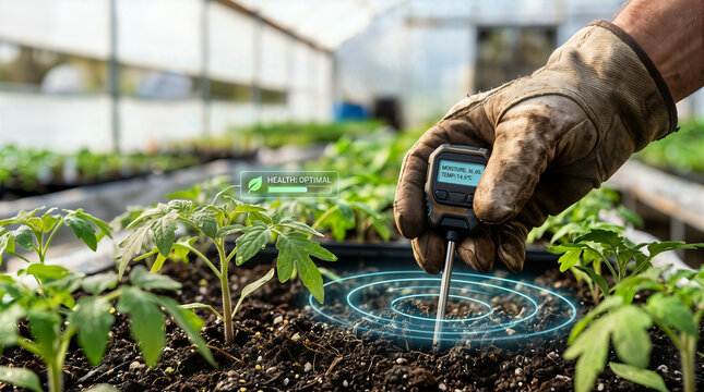 Smart agriculture soil testing in greenhouse, digital farming technology measuring moisture, precision farming with sensor probe