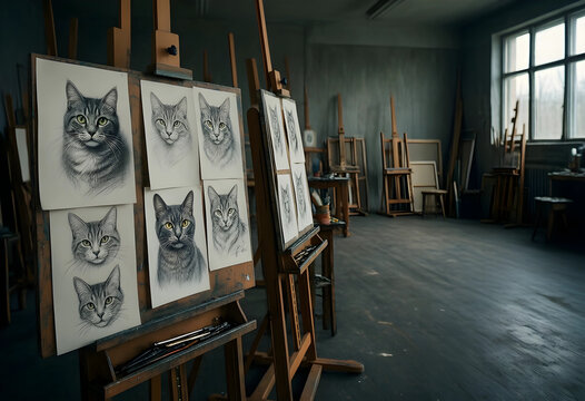 Artistic creativity and drawing practice, multiple pencil sketches of tabby cats displayed on wooden easels in a quiet professional art studio workshop
