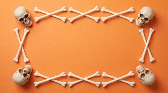 Halloween background with a frame made of human skulls and bones on an orange surface