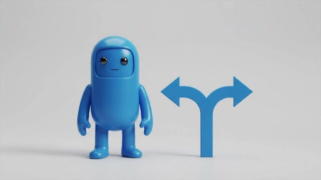 3D Blue Character Choosing Left Path on Glowing Split Direction Arrow