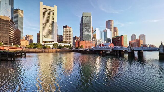 Boston in Massachusetts, USA. Skyline of the city at Boston Harbor and Financial District.