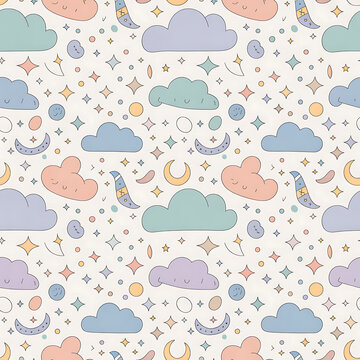 A pastel celestial pattern featuring clouds moons and stars creates a dreamy backdrop clouds moons vector illustration whimsical