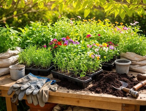 Gardening scene features vibrant flower and herb plants arranged on wooden table. Soil and gardening tools are visible, with sunlight filtering through green leaves